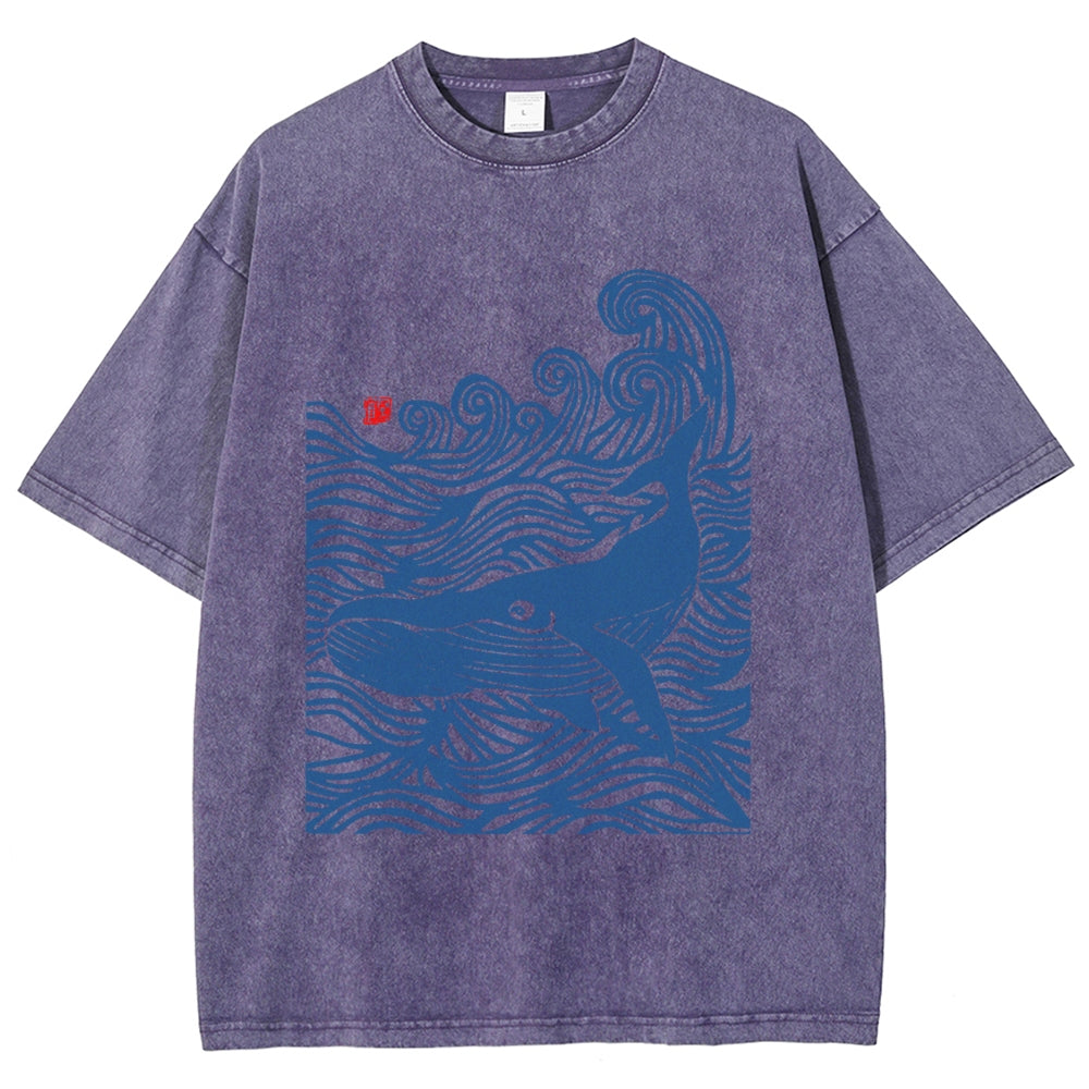 Whales in the Waves Japanese Style Vintage Washed T-shirt