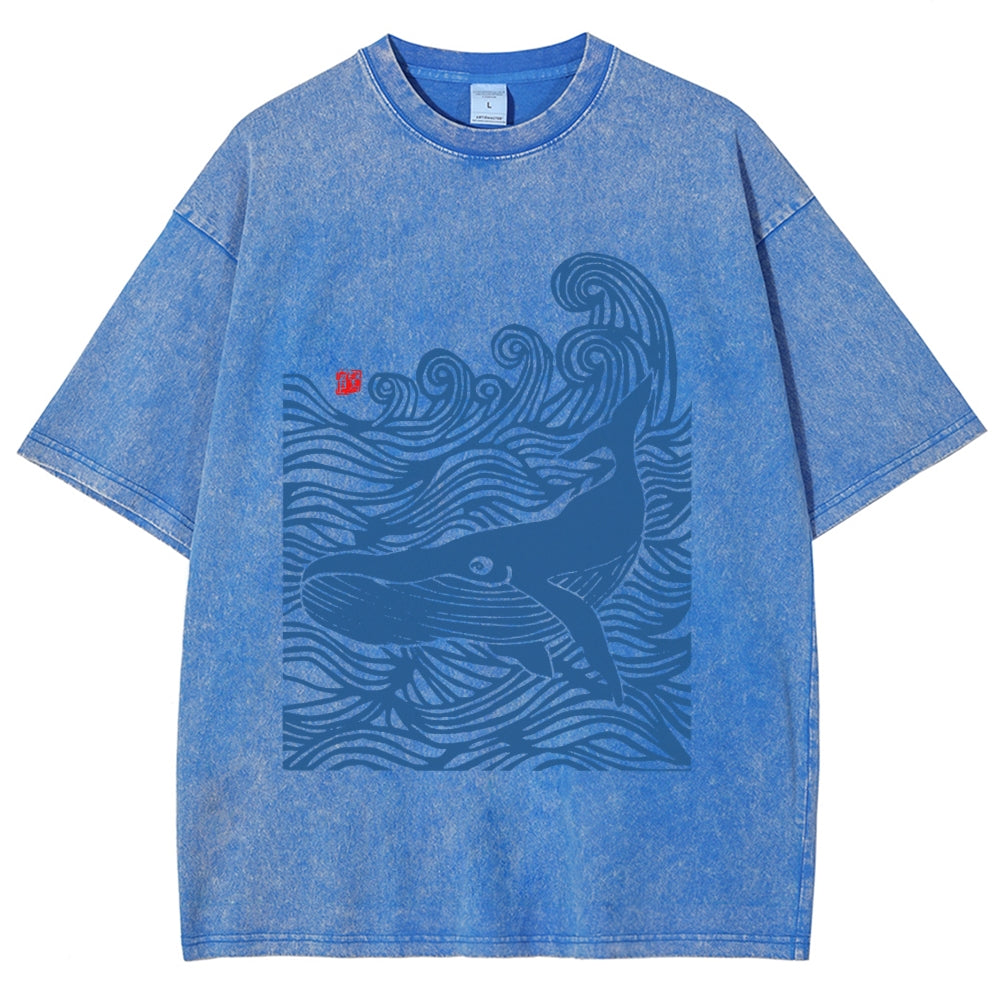 Whales in the Waves Japanese Style Vintage Washed T-shirt