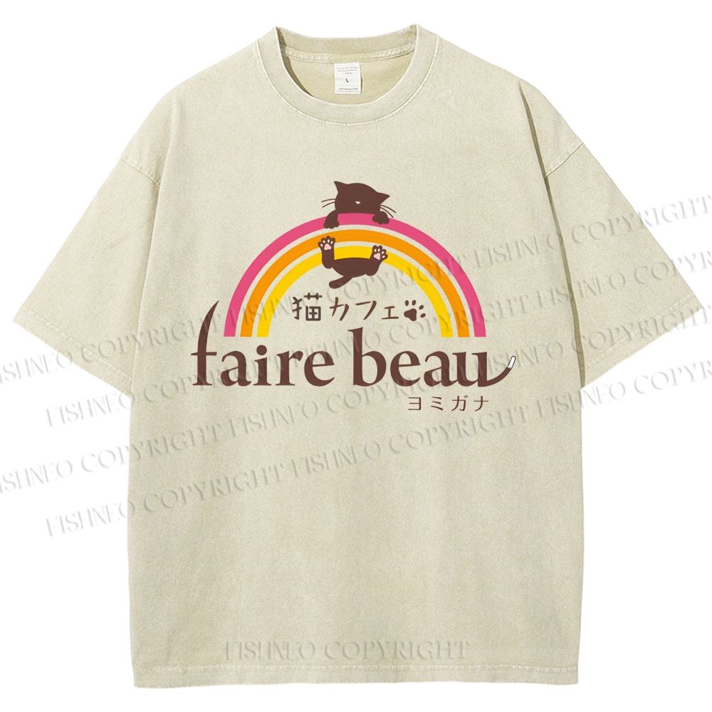 Unisex Faire Beau Cat Printed Washed Tee