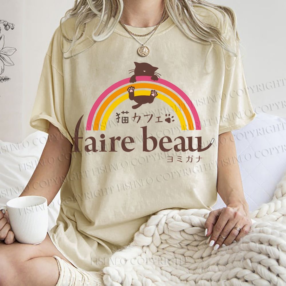 Unisex Faire Beau Cat Printed Washed Tee