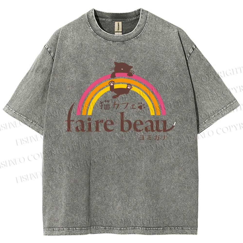 Unisex Faire Beau Cat Printed Washed Tee
