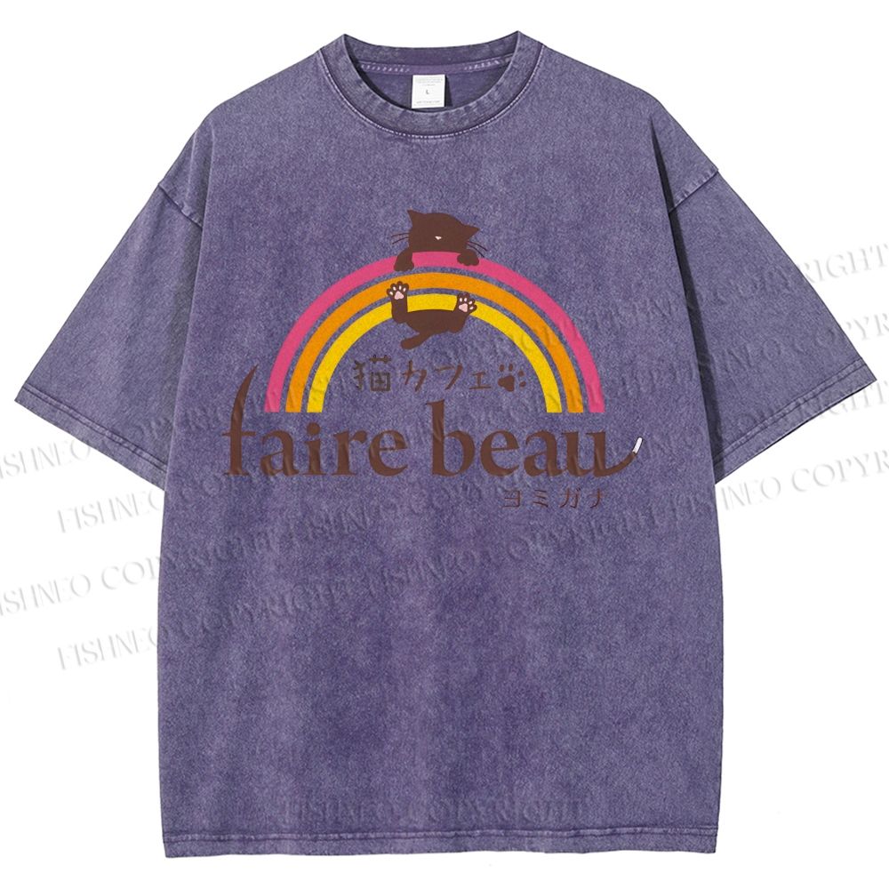 Unisex Faire Beau Cat Printed Washed Tee