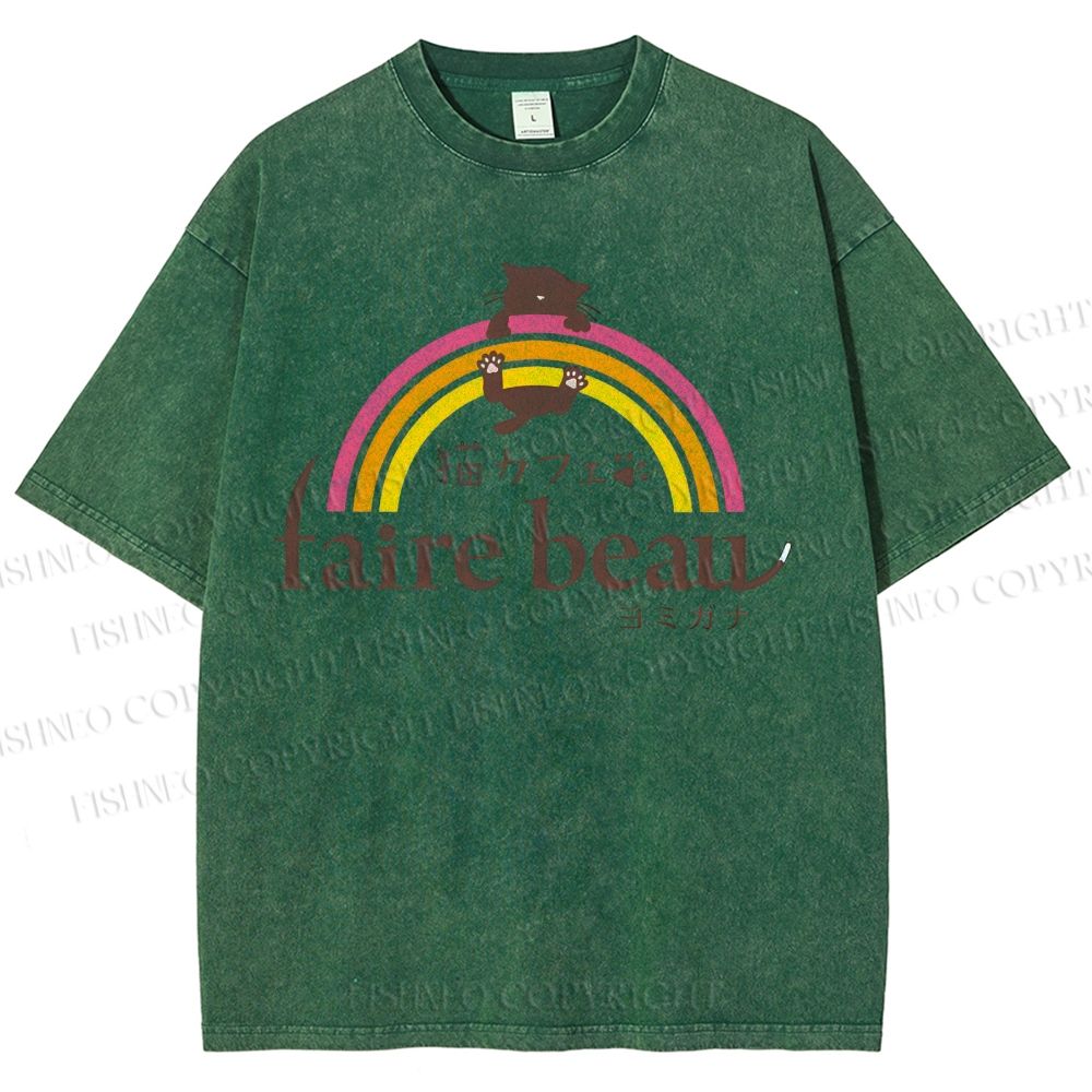 Unisex Faire Beau Cat Printed Washed Tee