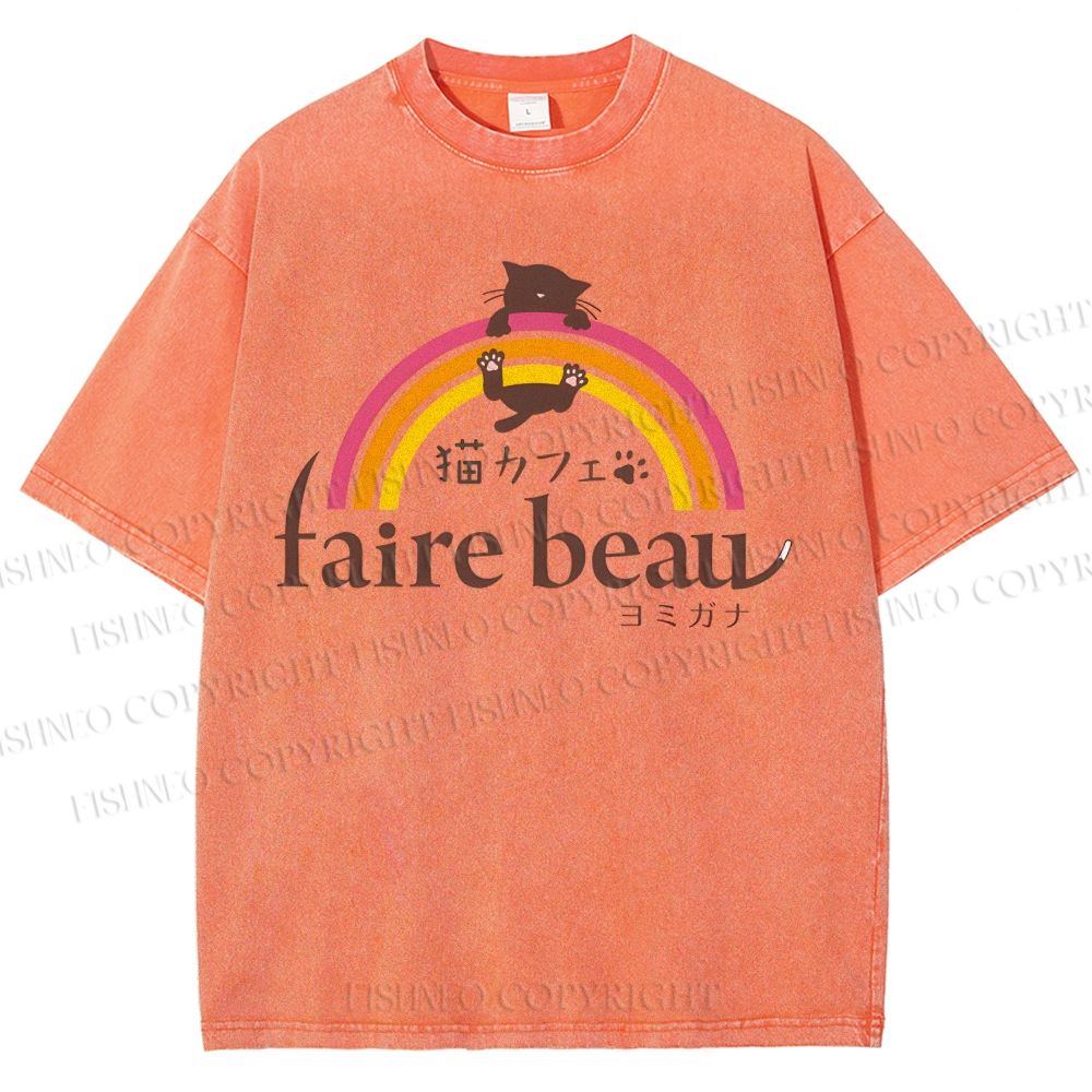 Unisex Faire Beau Cat Printed Washed Tee