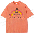 Unisex Faire Beau Cat Printed Washed Tee