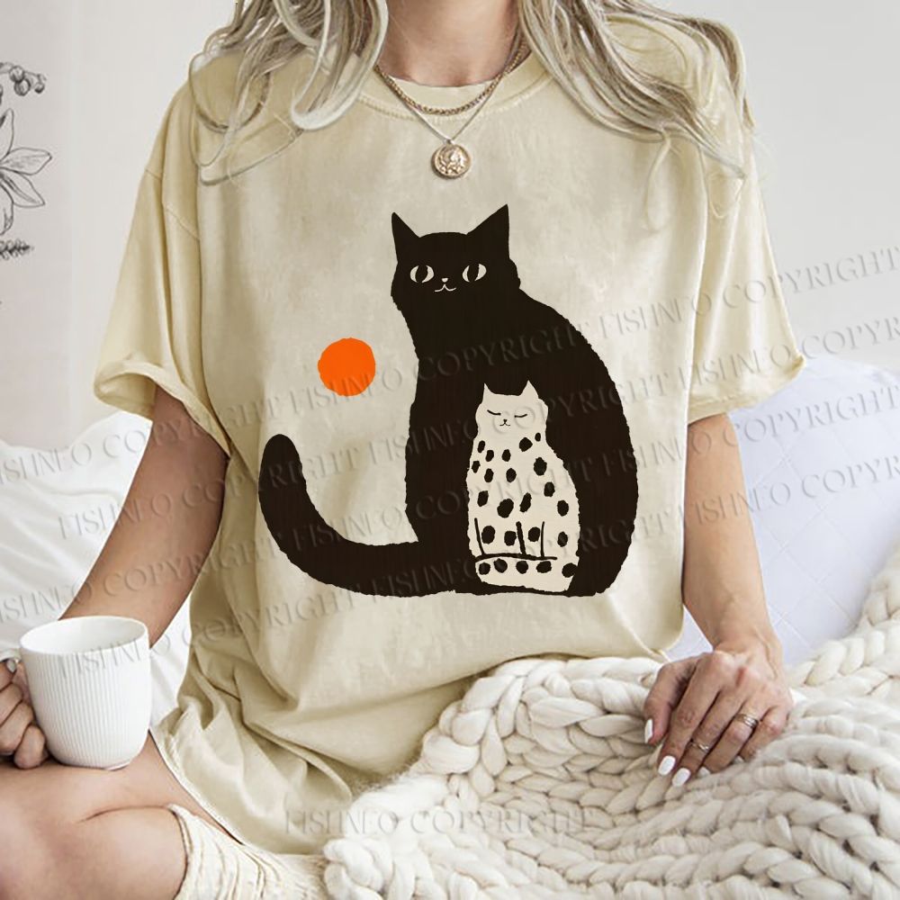 Unisex Cat Printed Washed Tee
