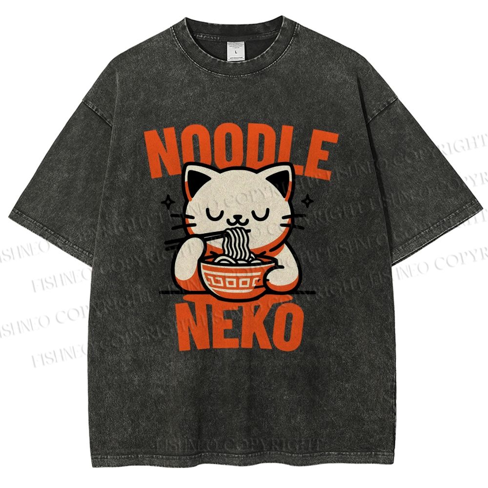Unisex Noodle Neko Printed Washed Tee