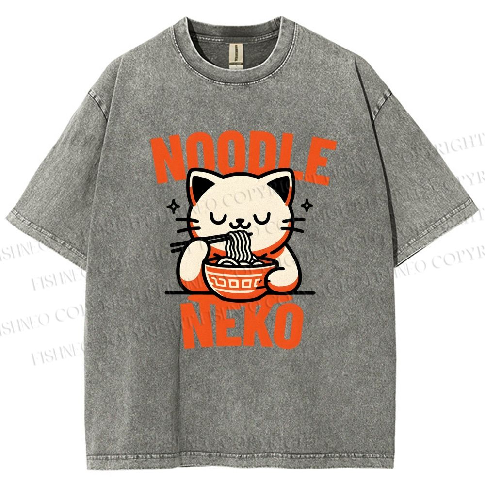 Unisex Noodle Neko Printed Washed Tee