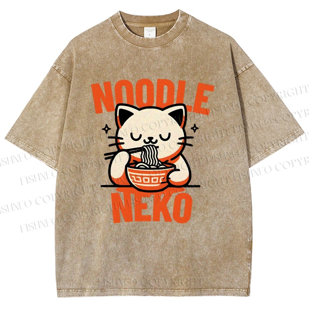 Unisex Noodle Neko Printed Washed Tee