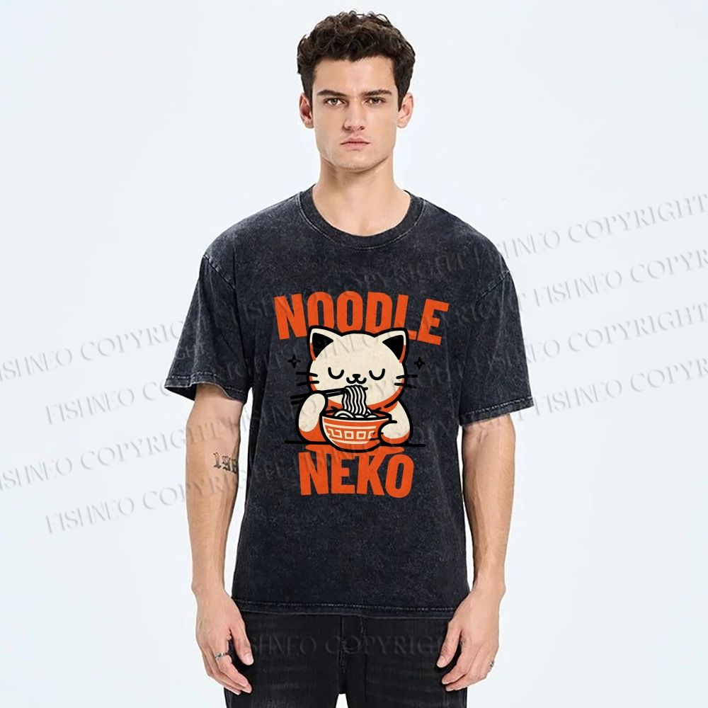 Unisex Noodle Neko Printed Washed Tee