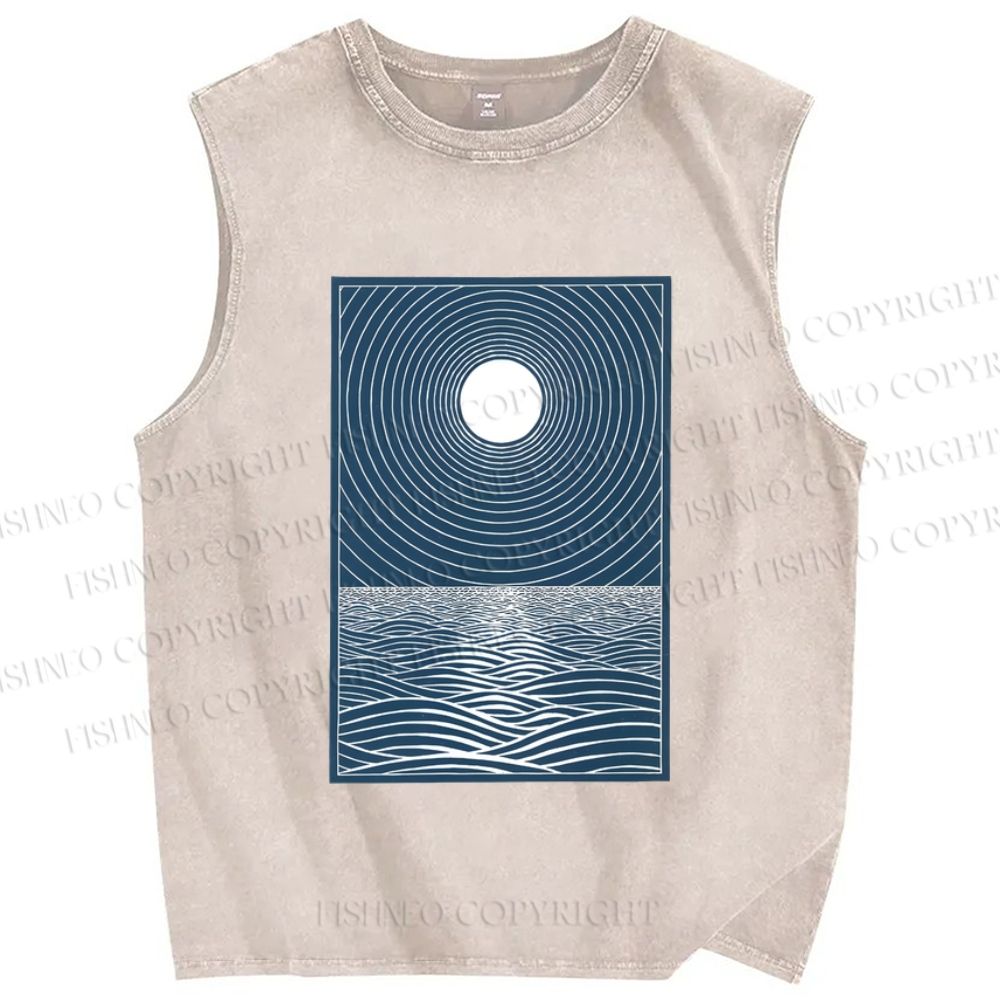 Unisex Wave And A Sun Printed Washed Tank Top