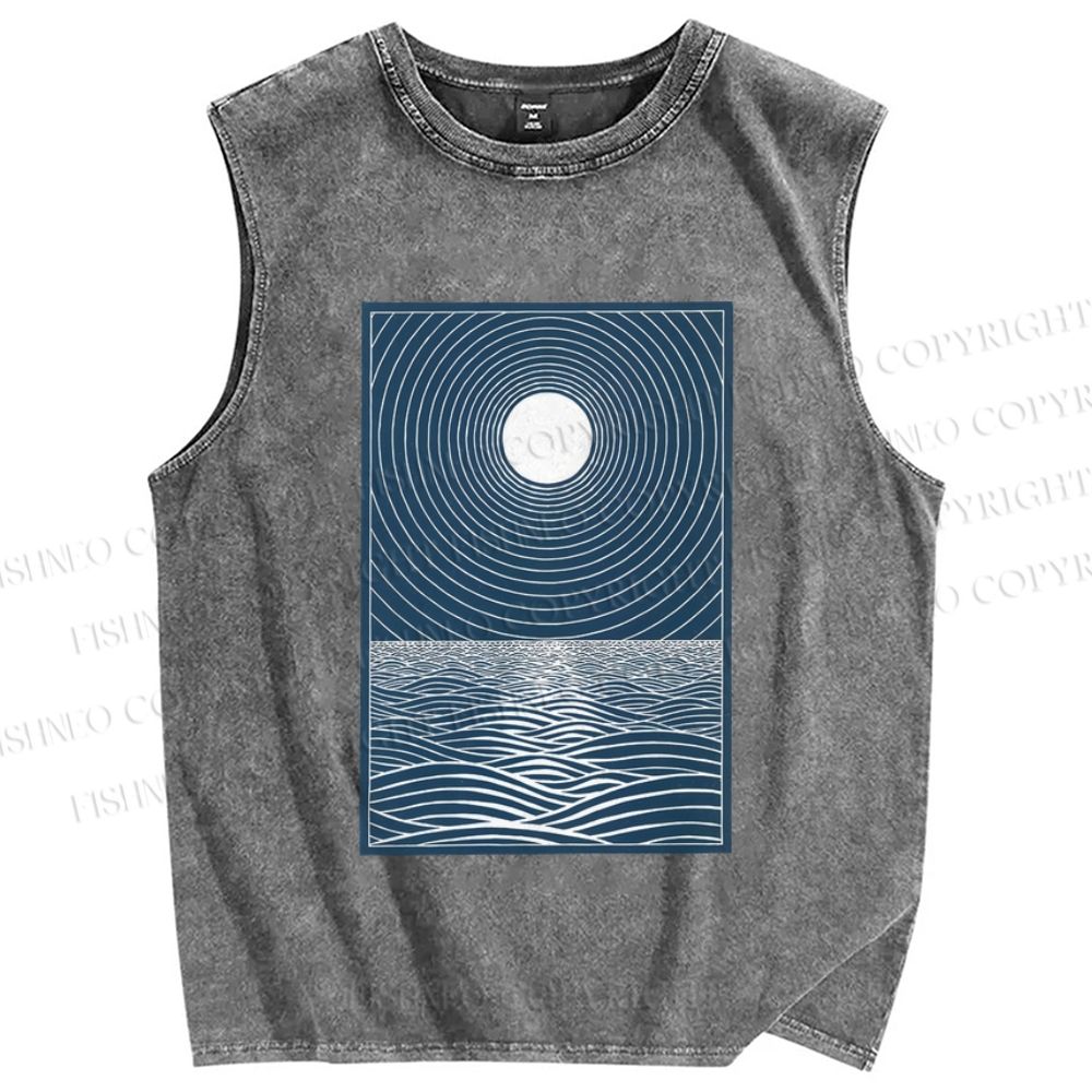 Unisex Wave And A Sun Printed Washed Tank Top