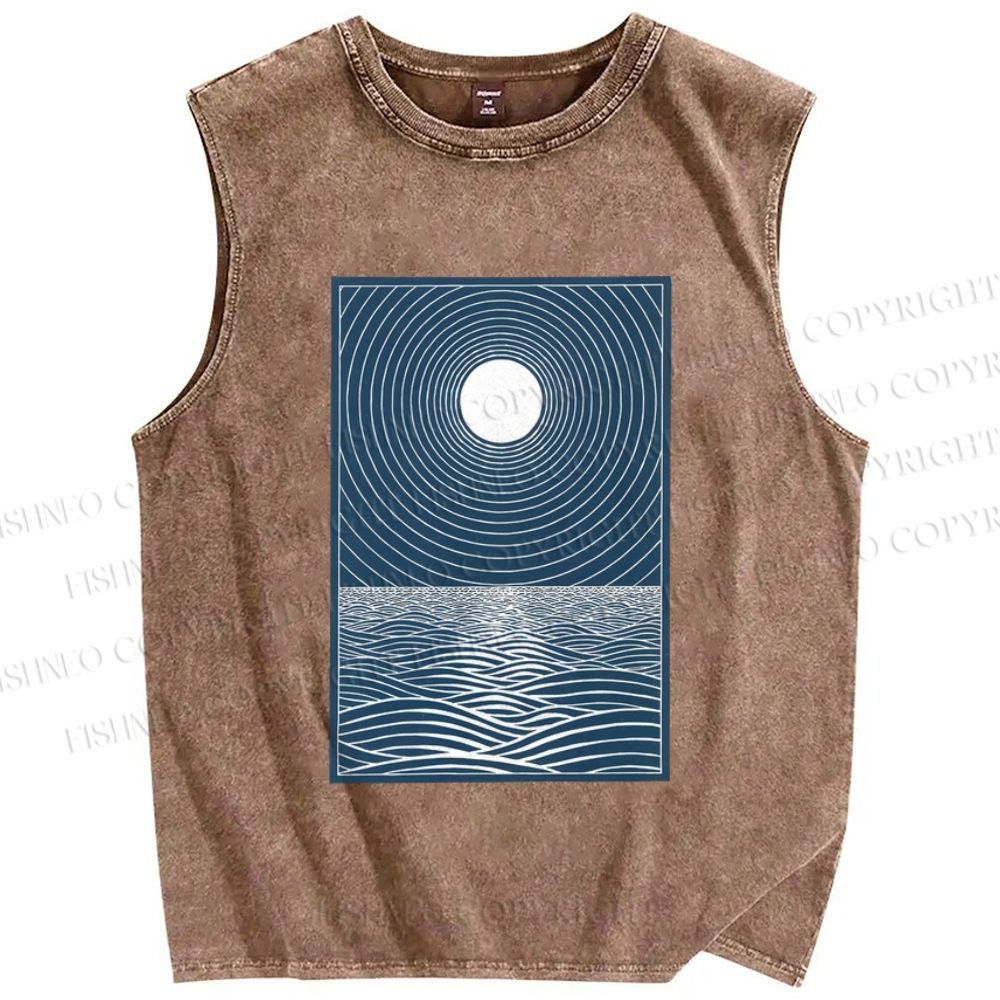 Unisex Wave And A Sun Printed Washed Tank Top