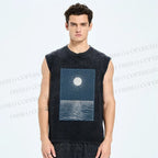 Unisex Wave And A Sun Printed Washed Tank Top