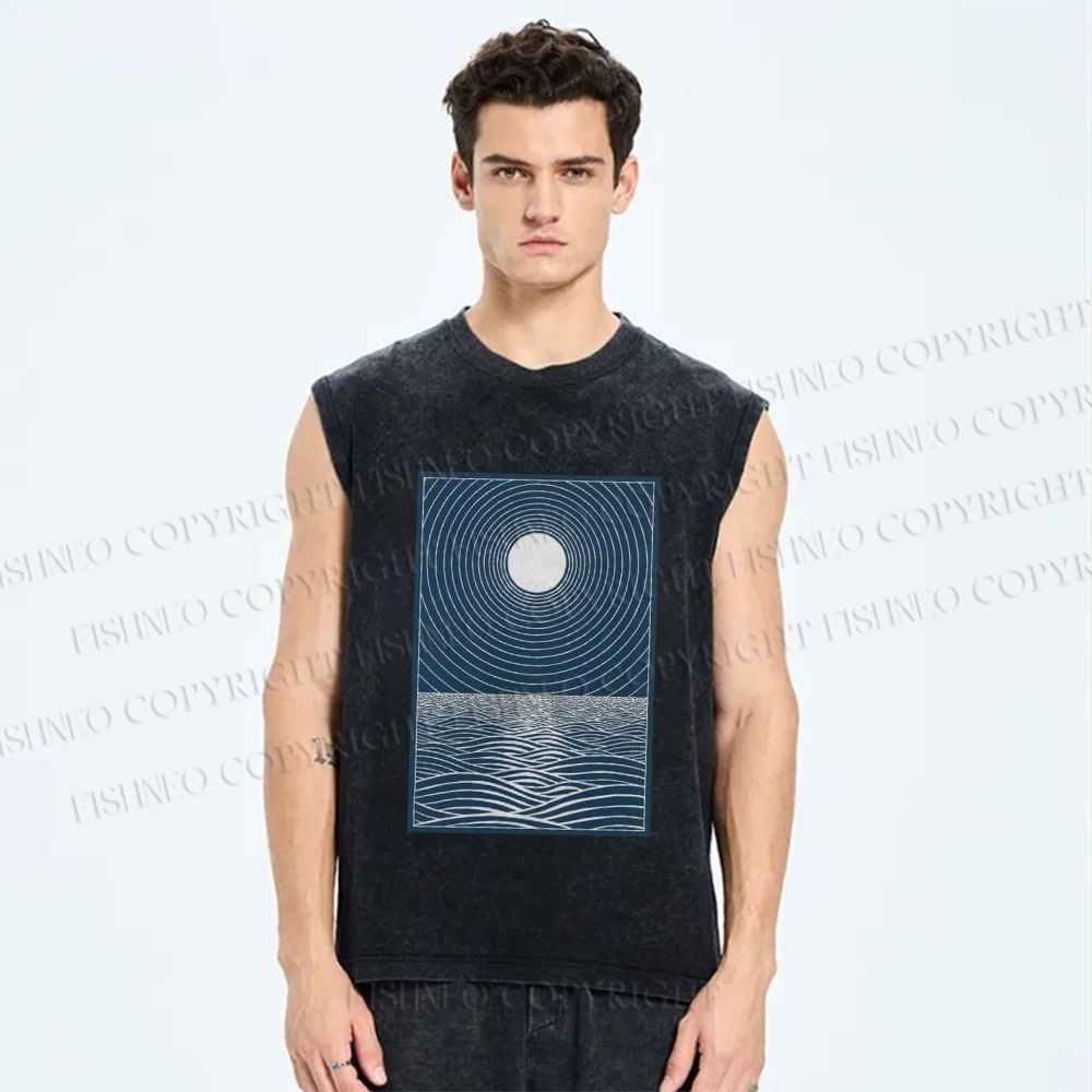 Unisex Wave And A Sun Printed Washed Tank Top