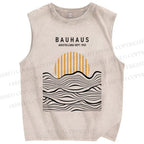 Unisex Geometric Waves Sunrise Printed Washed Tank Top