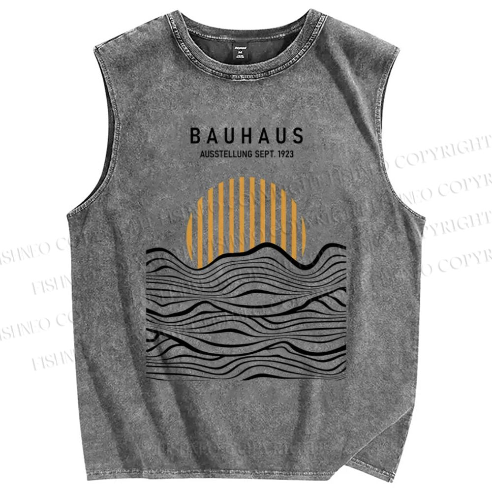 Unisex Geometric Waves Sunrise Printed Washed Tank Top