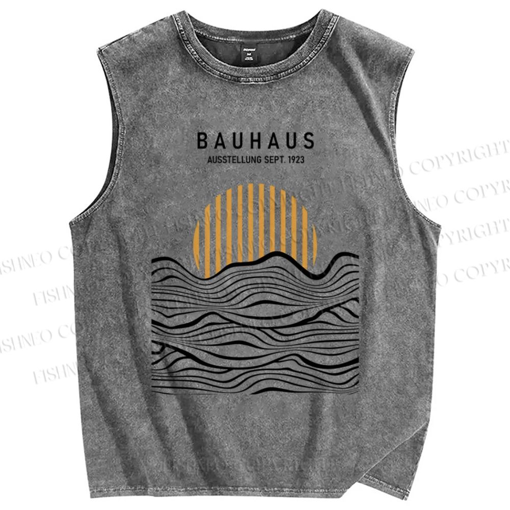 Unisex Geometric Waves Sunrise Printed Washed Tank Top