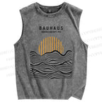 Unisex Geometric Waves Sunrise Printed Washed Tank Top