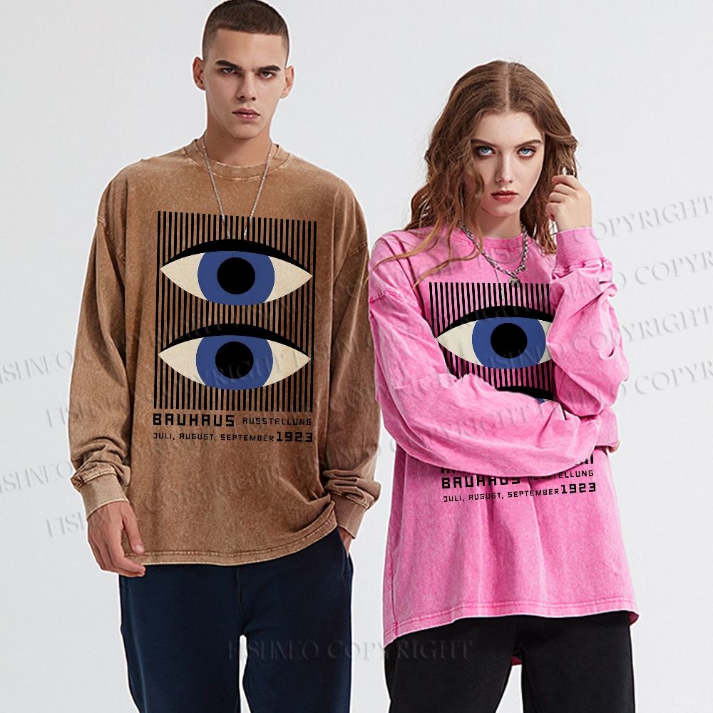 Unisex Casual Washed Artistic Geometric Eyes Printed Long Sleeve T-shirt