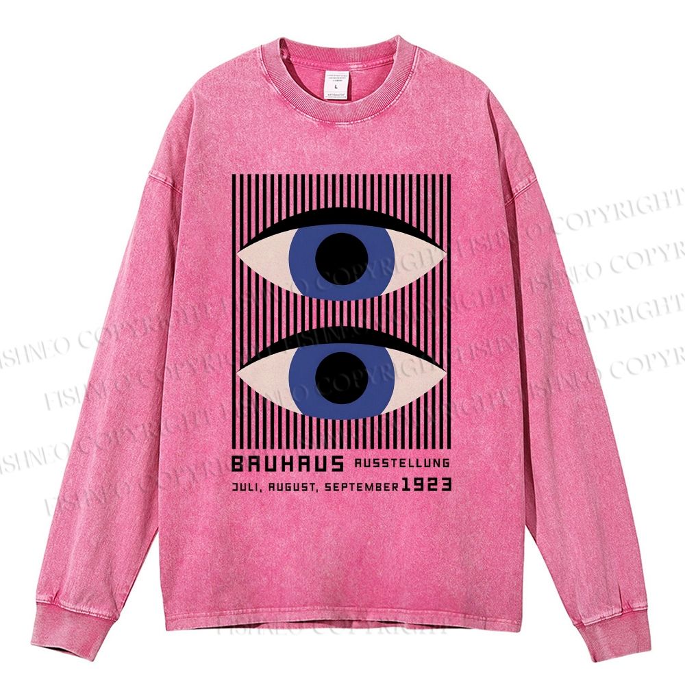 Unisex Casual Washed Artistic Geometric Eyes Printed Long Sleeve T-shirt