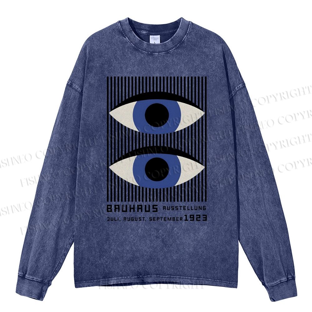 Unisex Casual Washed Artistic Geometric Eyes Printed Long Sleeve T-shirt