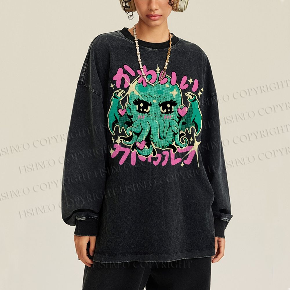 Unisex Casual Washed Cutethulhu loves Octopus Printed Long Sleeve T-shirt