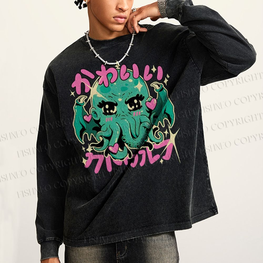 Unisex Casual Washed Cutethulhu loves Octopus Printed Long Sleeve T-shirt