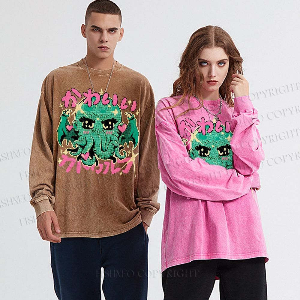 Unisex Casual Washed Cutethulhu loves Octopus Printed Long Sleeve T-shirt