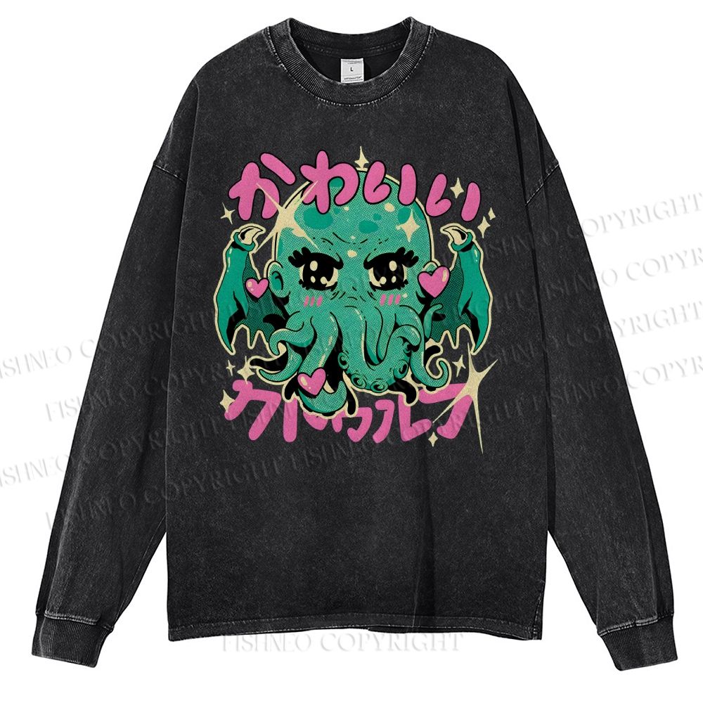 Unisex Casual Washed Cutethulhu loves Octopus Printed Long Sleeve T-shirt
