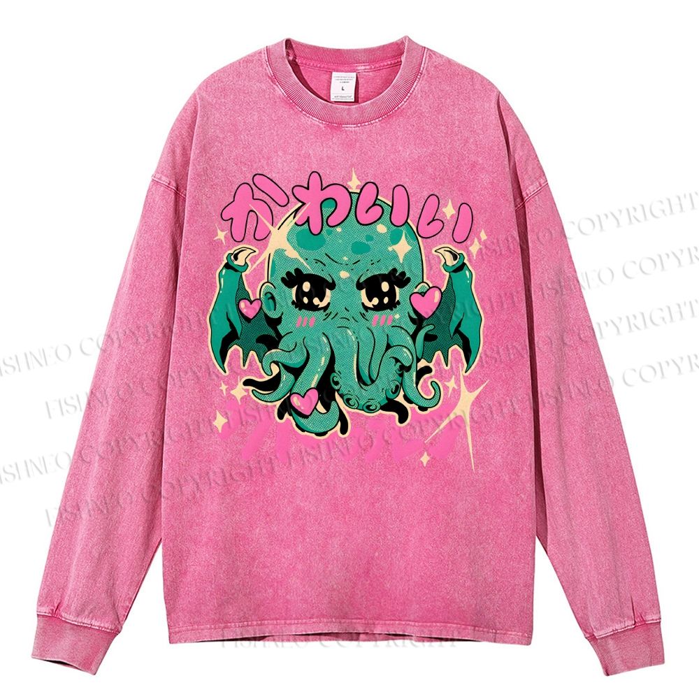 Unisex Casual Washed Cutethulhu loves Octopus Printed Long Sleeve T-shirt