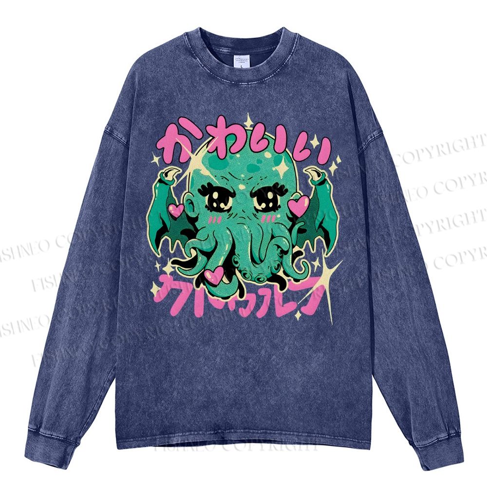 Unisex Casual Washed Cutethulhu loves Octopus Printed Long Sleeve T-shirt