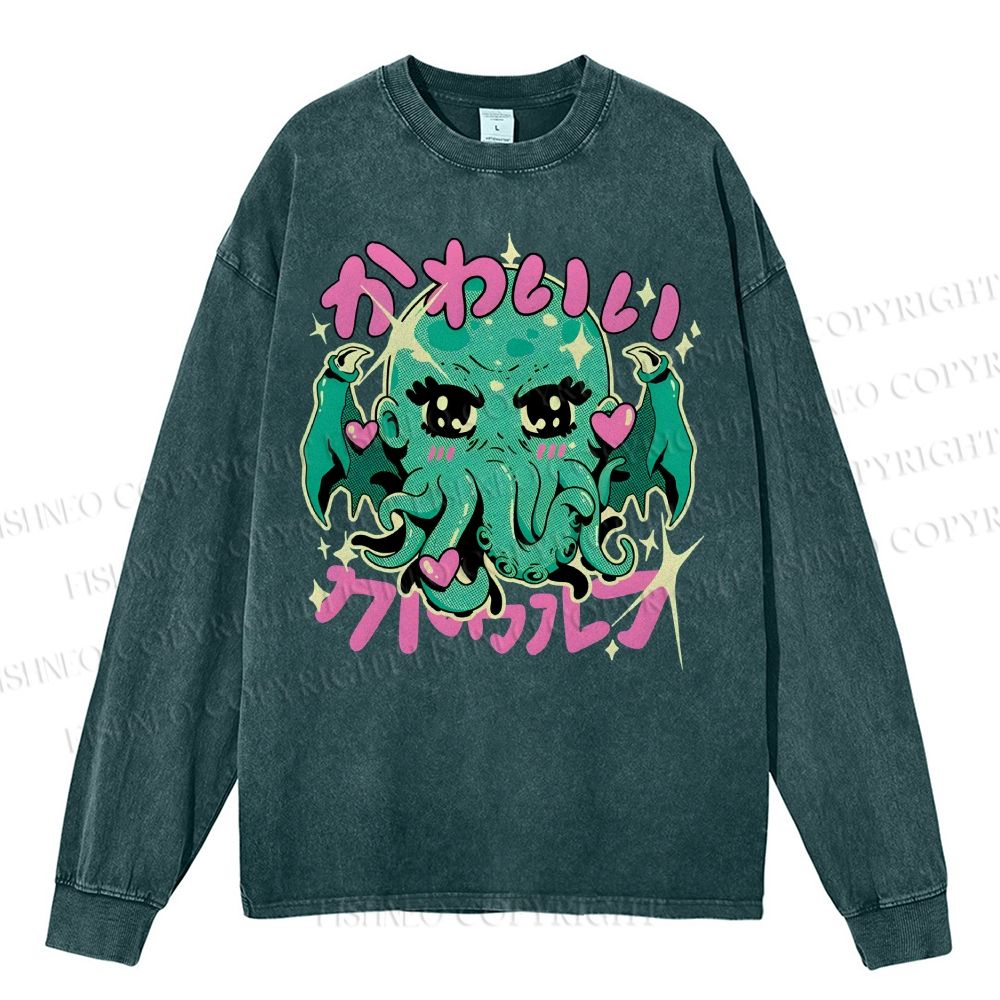 Unisex Casual Washed Cutethulhu loves Octopus Printed Long Sleeve T-shirt