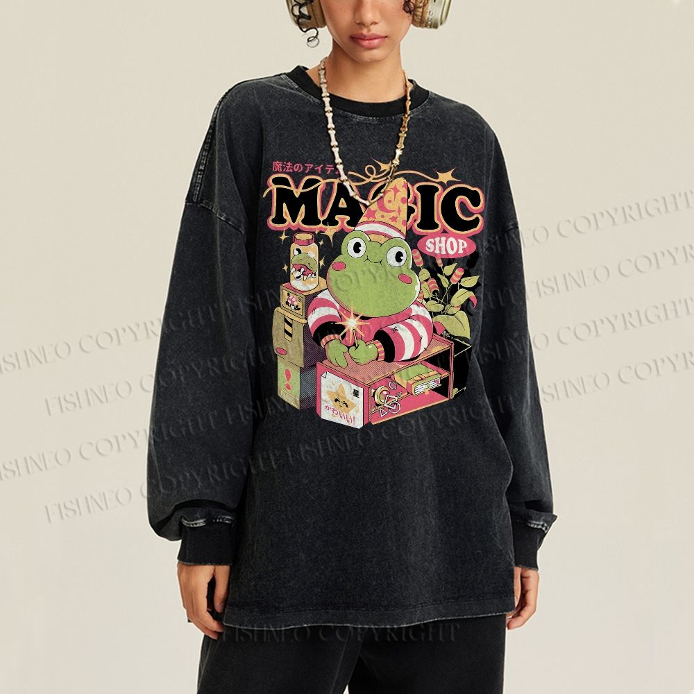 Unisex Casual Washed Little Frog Salesman Printed Long Sleeve T-shirt