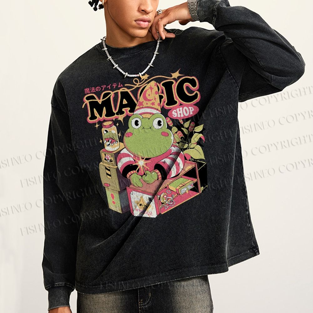 Unisex Casual Washed Little Frog Salesman Printed Long Sleeve T-shirt