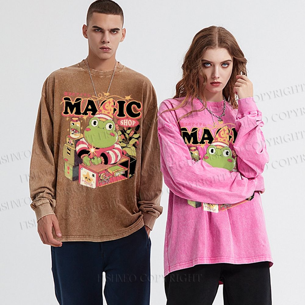 Unisex Casual Washed Little Frog Salesman Printed Long Sleeve T-shirt