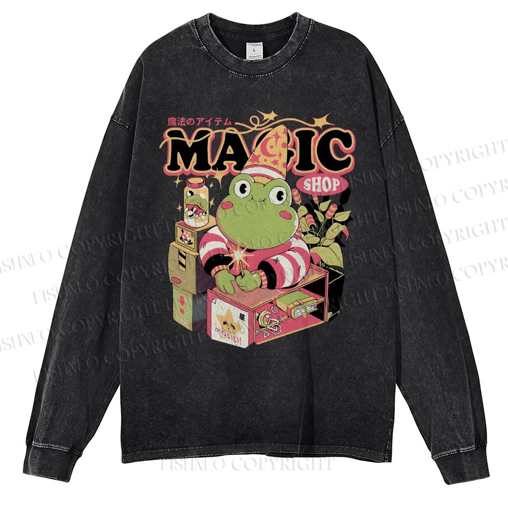 Unisex Casual Washed Little Frog Salesman Printed Long Sleeve T-shirt