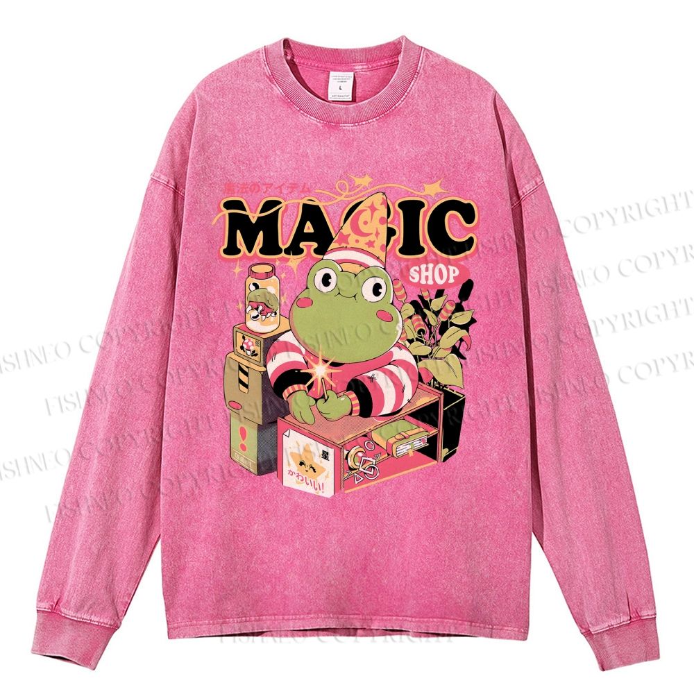 Unisex Casual Washed Little Frog Salesman Printed Long Sleeve T-shirt