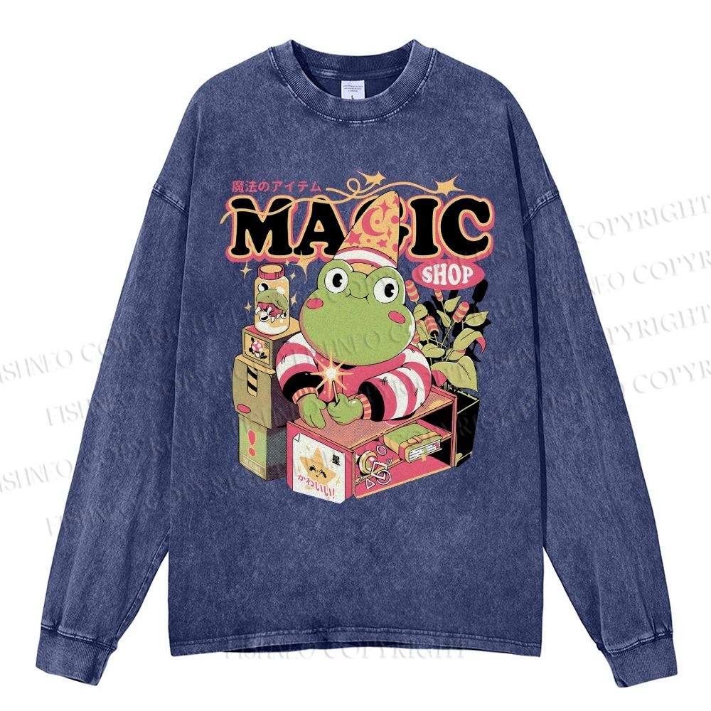 Unisex Casual Washed Little Frog Salesman Printed Long Sleeve T-shirt