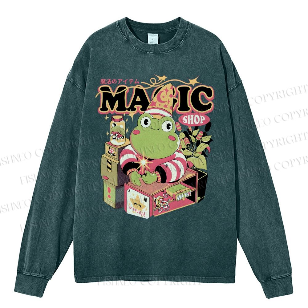 Unisex Casual Washed Little Frog Salesman Printed Long Sleeve T-shirt