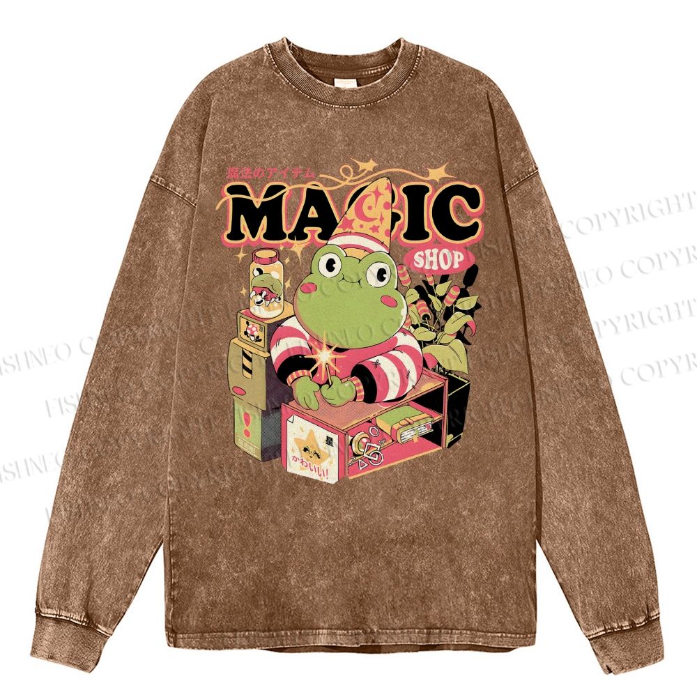 Unisex Casual Washed Little Frog Salesman Printed Long Sleeve T-shirt