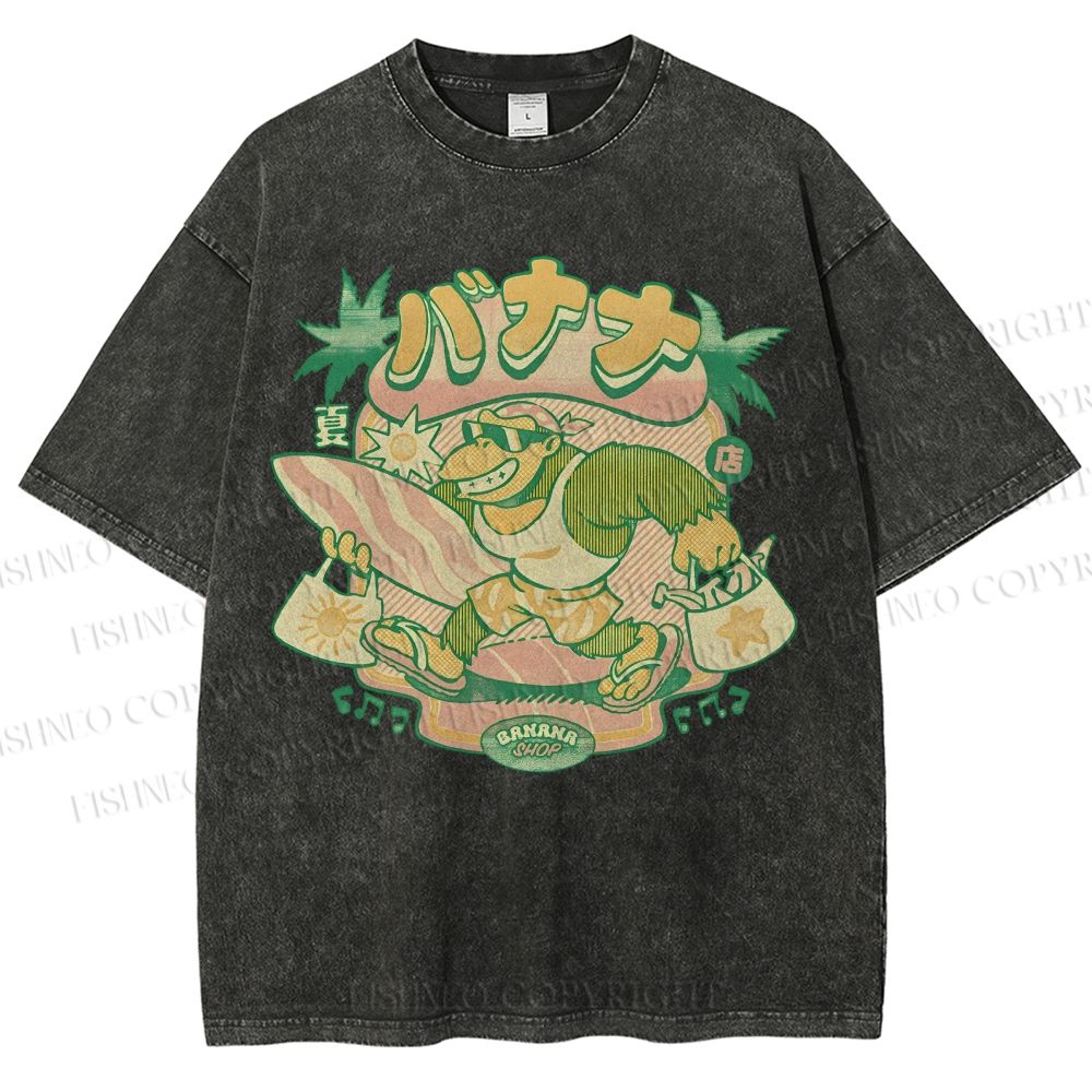 Unisex Surfing Monkey Printed Washed Tee