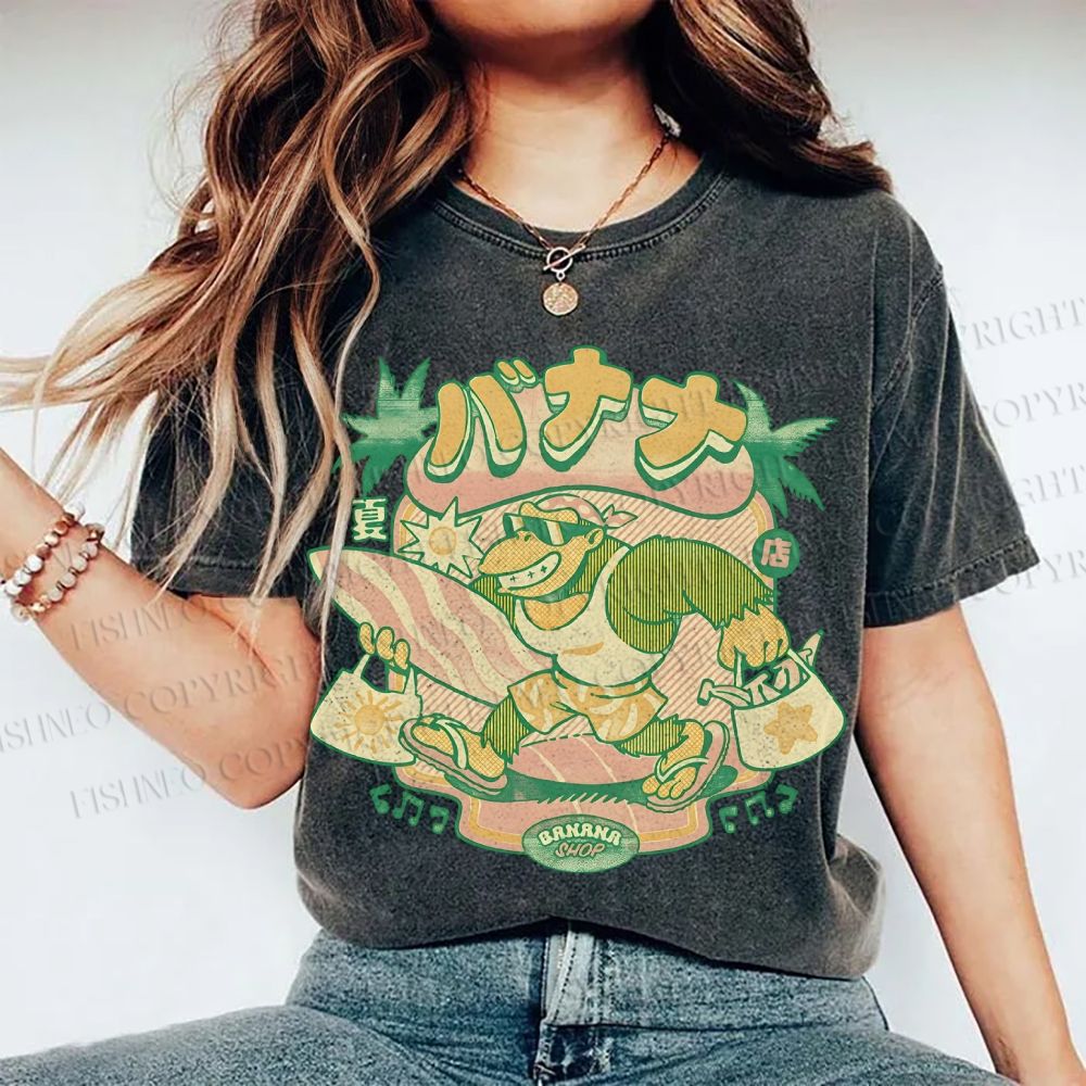 Unisex Surfing Monkey Printed Washed Tee