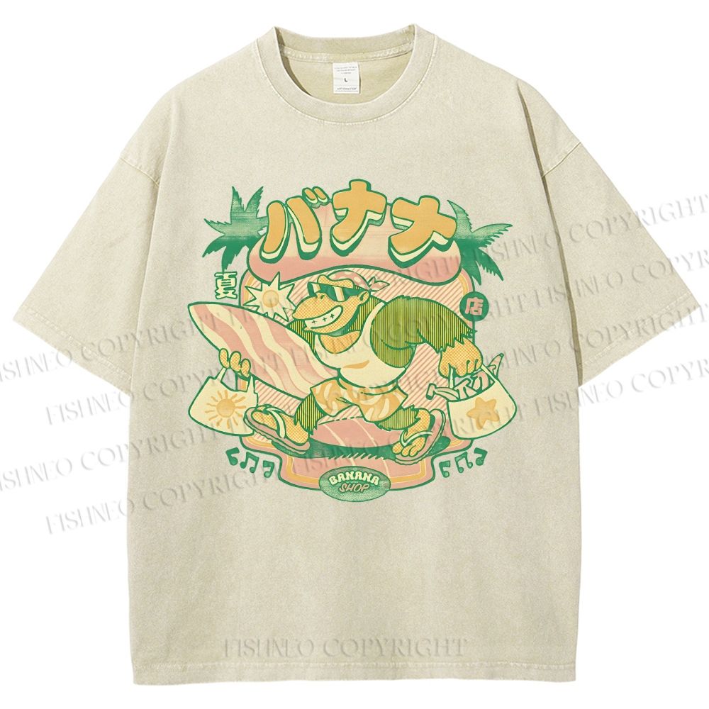 Unisex Surfing Monkey Printed Washed Tee