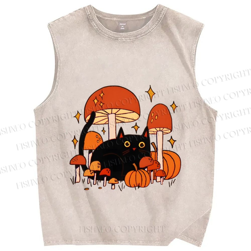 Unisex Halloween Mushrooms Black Cat Printed Washed Tank Top