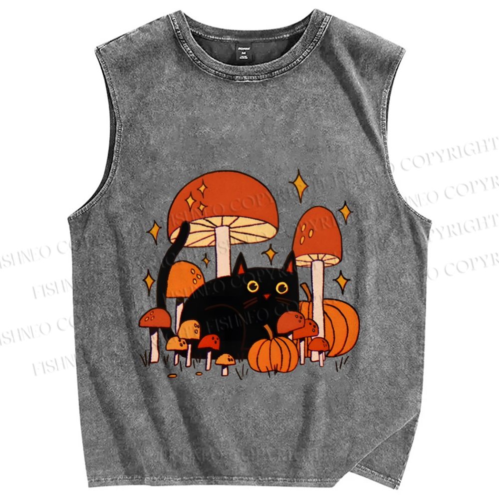 Unisex Halloween Mushrooms Black Cat Printed Washed Tank Top
