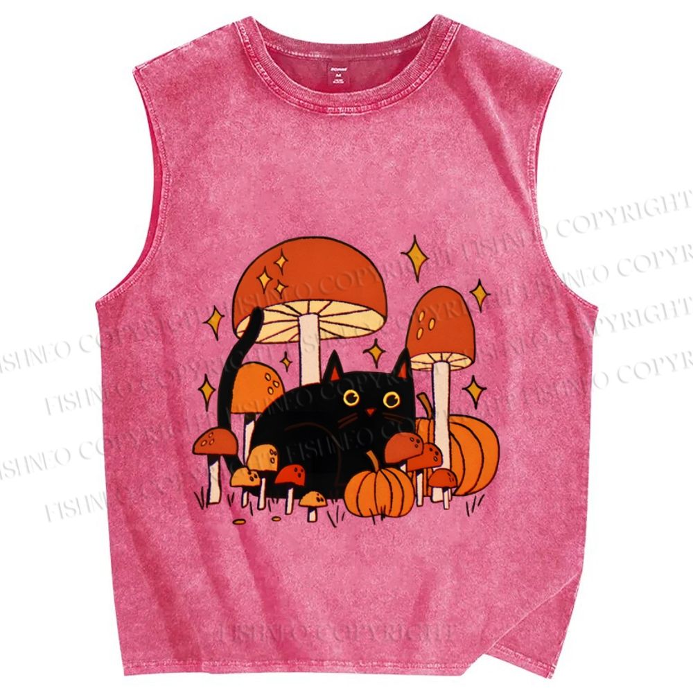 Unisex Halloween Mushrooms Black Cat Printed Washed Tank Top
