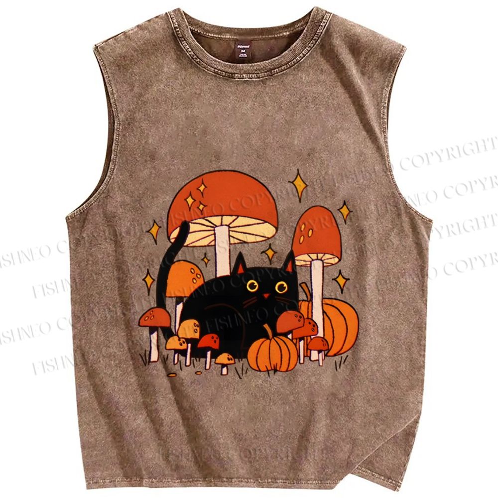 Unisex Halloween Mushrooms Black Cat Printed Washed Tank Top