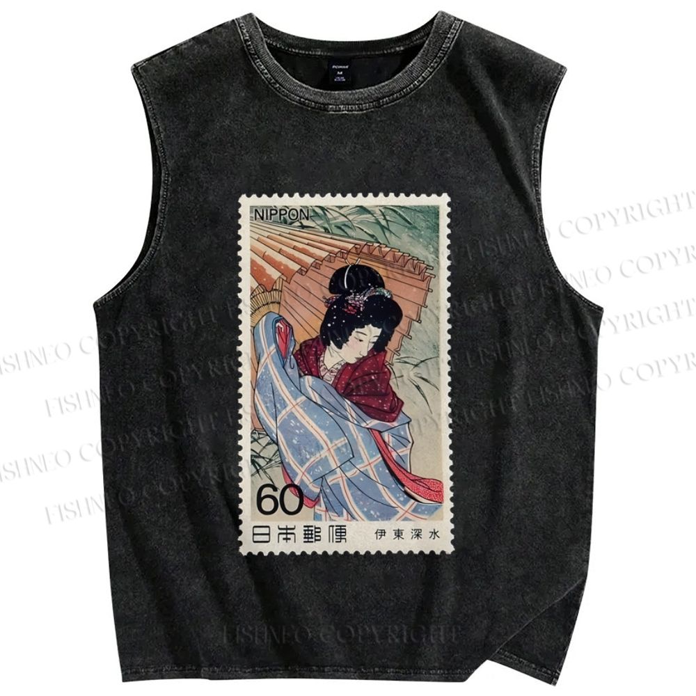 Unisex Vintage Japanese Art Geisha Stamp Printed Washed Tank Top
