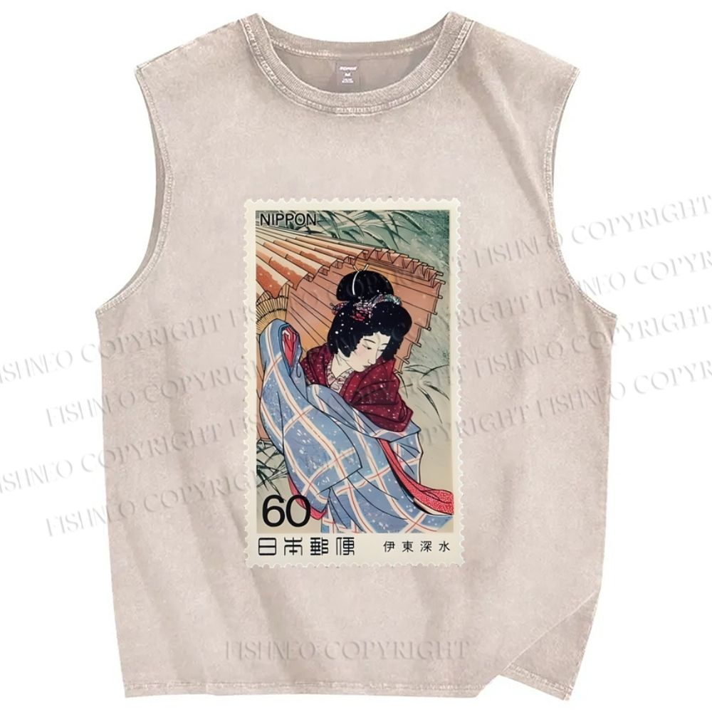 Unisex Vintage Japanese Art Geisha Stamp Printed Washed Tank Top